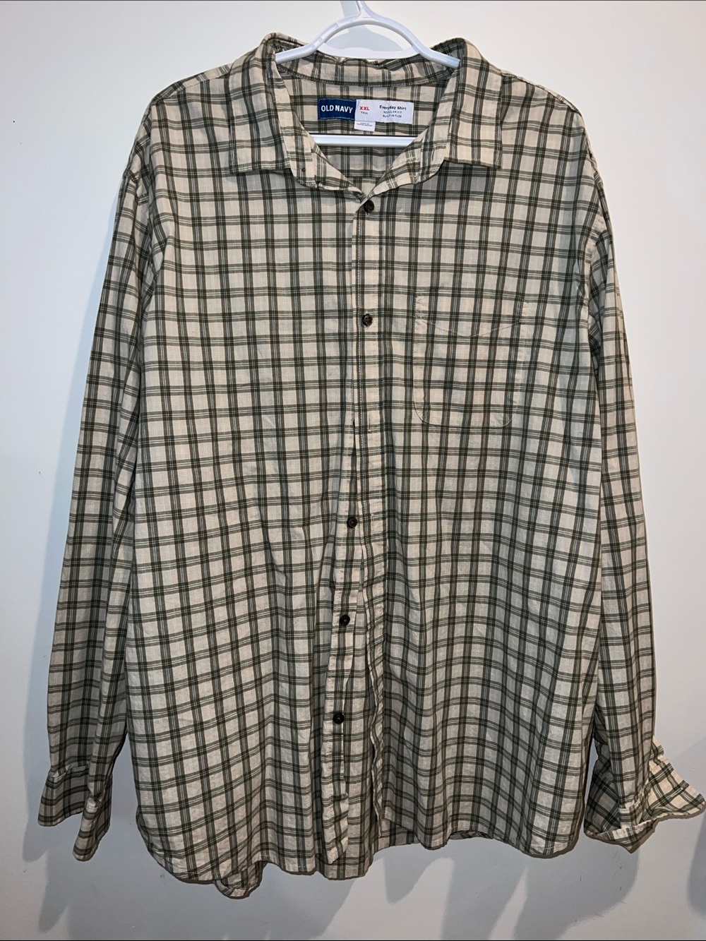 Old Navy Men's Cream and Green Plaid Tall Button-Down Shirt